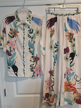 Women's White Floral Print Wide-Leg Pants & Shirt Set
